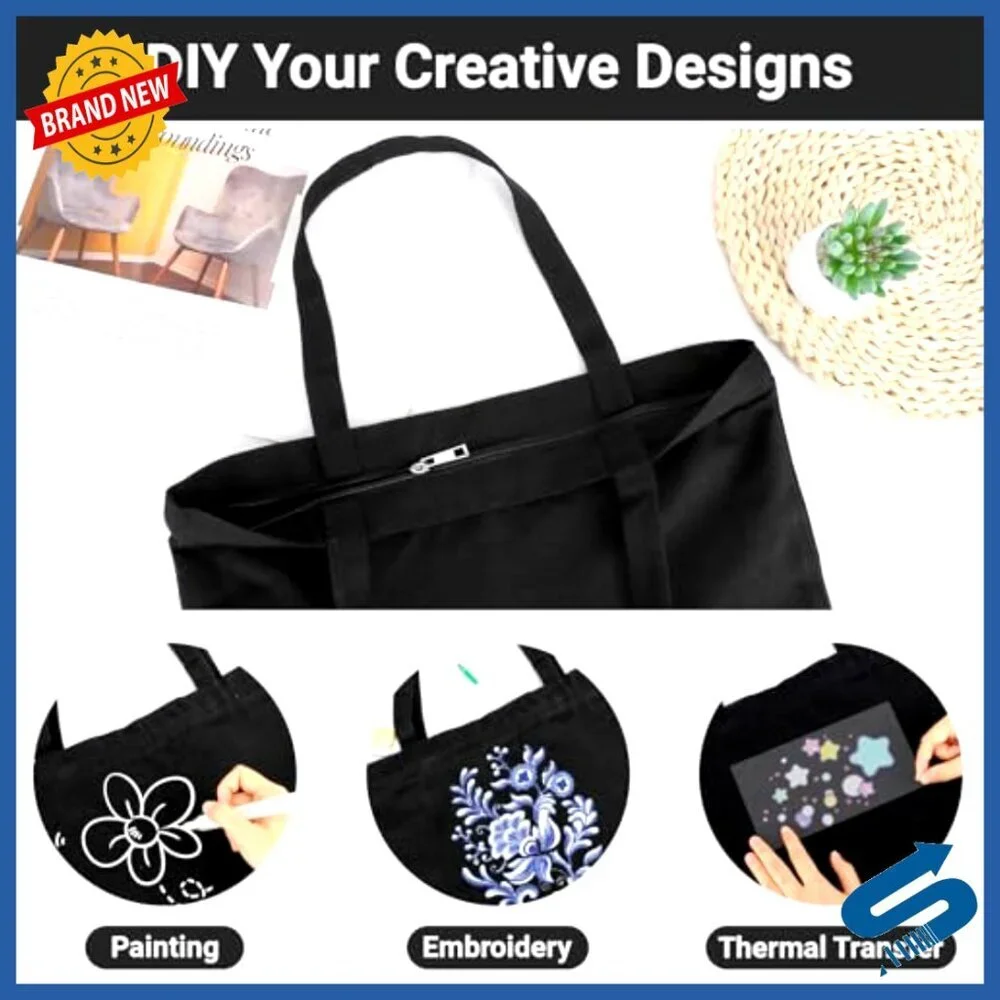 Heavy Duty Canvas Tote Bags Zippered Reusable Grocery Shopping Plain DIY Crafts